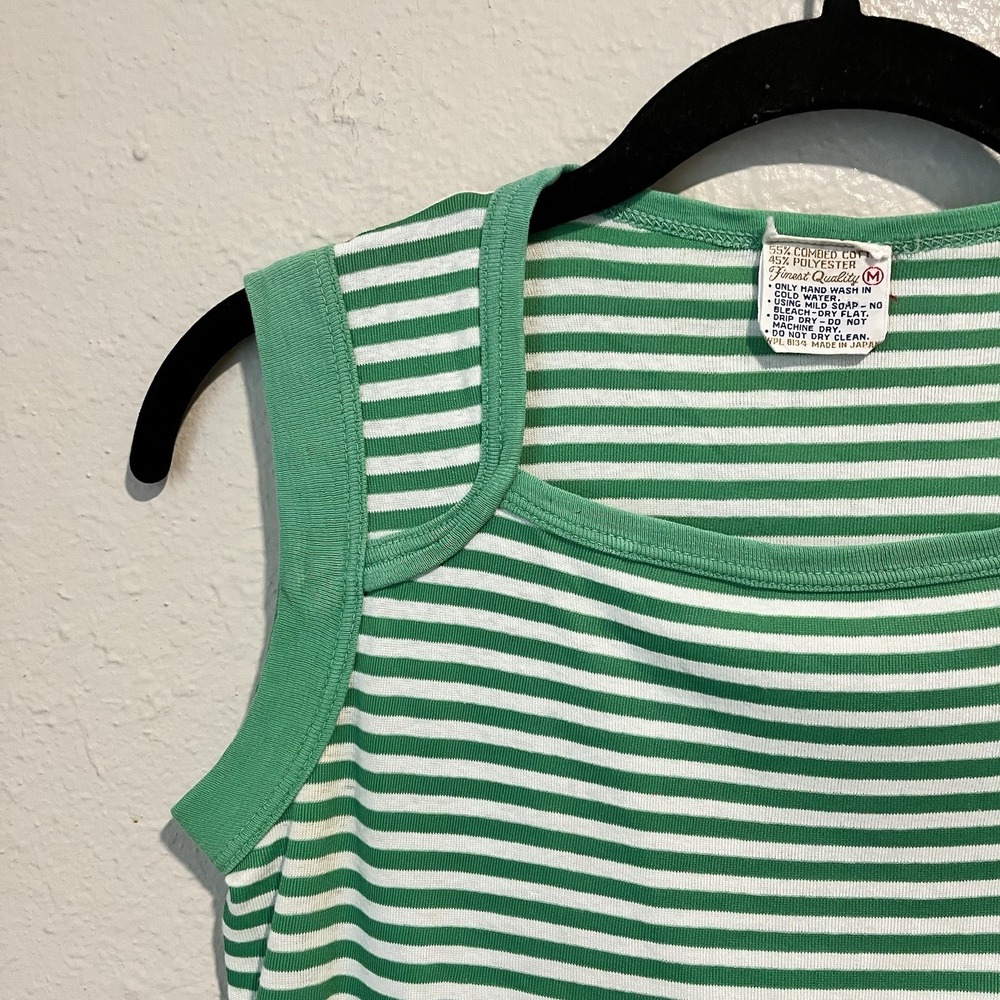 Vintage 70's/80's Retro T-Shirt Medium Green White Striped Muscle Tee Fits Small - Picture 3 of 10
